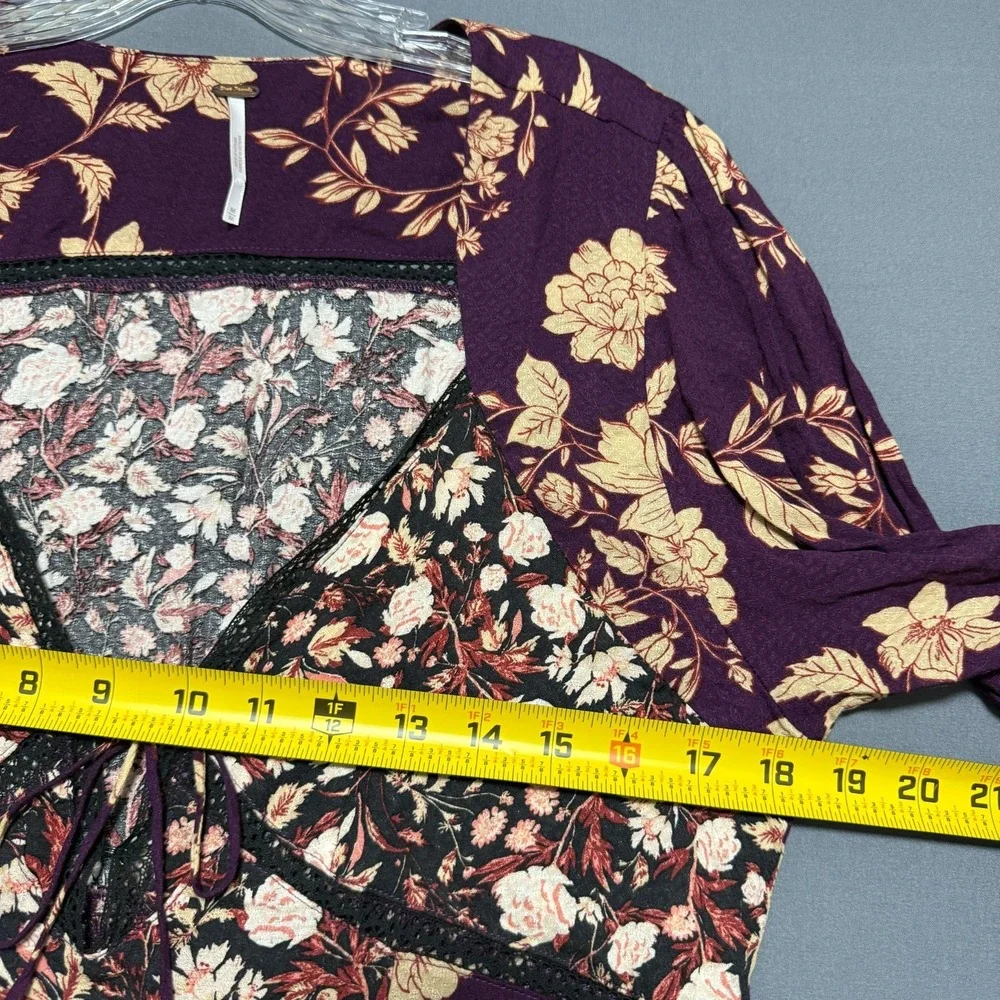 Free People Odette Floral Lace Tunic Top Medium Espresso Purple Boho Bell Sleeve